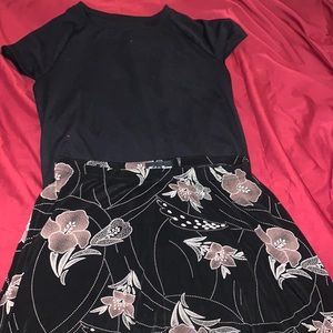 Black baby tee and long floral skirt